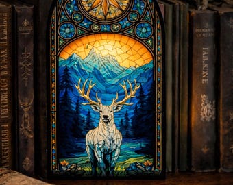 Rincón de libros con ciervos de vitrales y portavelas/decoración de estantería
