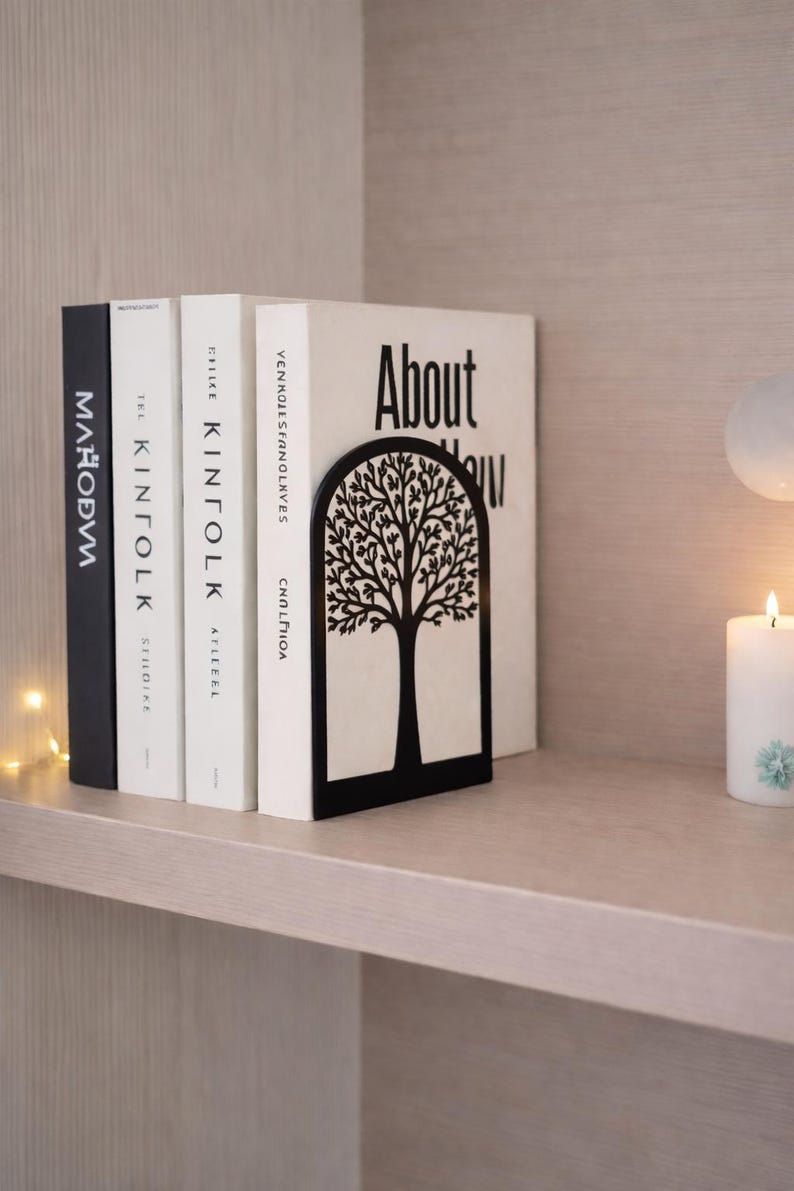 May include: A black metal tree-shaped bookend holds several books on a shelf. The books have white and black covers with titles like "About" and "Kinfolk". A lit candle and decorative lights are in the background.