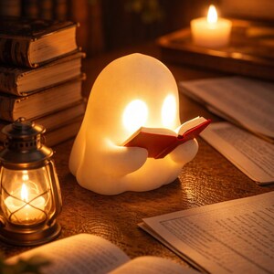 May include: A glowing white ghost-shaped lamp reading a small red book, with a warm light emanating from its eyes and the book. A lit lantern and a stack of books are nearby, creating a cozy reading atmosphere. The text "BOOKSKINGDOMNCO" is at the bottom.