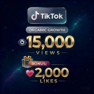 Op de afbeelding: Digitale afbeelding met het TikTok-logo en de woorden "Organische groei". De afbeelding benadrukt "15.000 weergaven" en een bonus van "2.000 likes". De achtergrond is donkerblauw met een sterrenhemel.