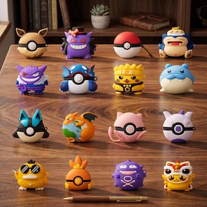 Op de afbeelding: Een verzameling kleurrijke beschermhoezen met personagethema voor elektronische apparaten. De hoezen hebben verschillende ontwerpen, waaronder een rood-witte bal, een paarse Gengar en een gele Pikachu. De hoezen zijn gerangschikt op een houten oppervlak.