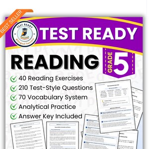 May include: A colorful educational book titled "TEST READY READING GRADE 5". The cover features a purple and yellow design with the text "READING" in large black letters. Includes 40 reading exercises, 210 test-style questions, and an answer key.