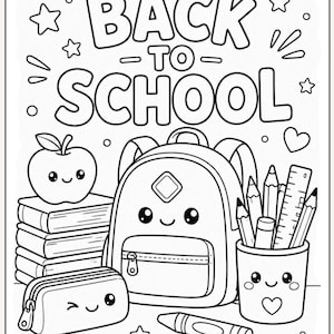 Könnte beinhalten: Eine schwarz-weiße Malvorlage mit dem Text BACK TO SCHOOL am oberen Rand. Die Illustration zeigt einen lächelnden Apfel auf einem Bücherstapel, einen Rucksack mit Gesicht, einen Stiftehalter mit Stiften und Lineal sowie ein Federmäppchen.
