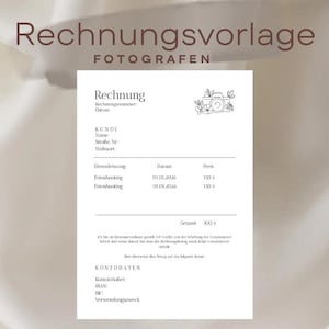 May include: A white invoice template for photographers with the text "Rechnungs Vorlage Fotografen" and a camera illustration. The background is a light beige fabric with a Canva logo in the upper right corner.