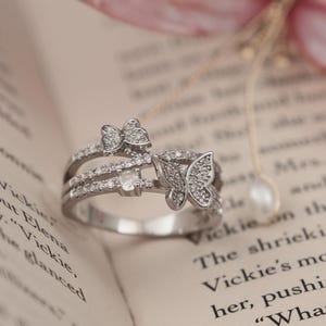 White Gold Plated Copper Butterfly Ring, Paved CZ Double Band Statement Jewelry