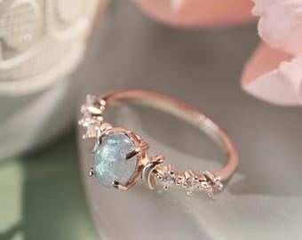 Rose Gold Moon Star Opal Ring, Celestial Cubic Zirconia Band, Copper Bohemian Jewelry