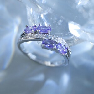 White Gold Plated Copper Ring, Purple Oval Cubic Zirconia Bypass Ring|Twisted Open Shank Zircon Statement Ring|Elegant Cocktail Ring