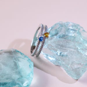 Two Heart Birthstone Double Split Band Ring, Silver Pave Zircon Promise Ring, Unique Love Gift for Her Birthday Anniversary