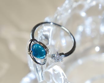 Blue Planet Star Adjustable Open Ring, Dainty Celestial Saturn Rhinestone Ring, Cosmic Space Jewelry Gift, Astronomy Lover Birthday Present