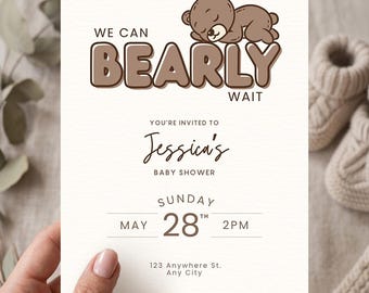 We Can Bearly Wait – Teddy Bear Baby Shower Invitation Bundle (Editable Canva Template)