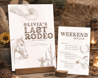 Last Rodeo – Bachelorette Welcome Sign, Nashville Itinerary, Country Disco Cowgirl Party (Digital Canva Template)