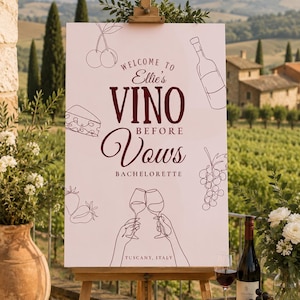 Bachelorette Weekend Itinerary Template "Vino Before Vows"| Editable Canva Girls Trip Planner & Welcome Sign