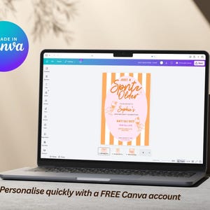 May include: A laptop screen shows a birthday invitation design with the text "Just a Sprite Older" in orange script. The invitation is on a pink oval with orange vertical stripes. The Canva logo is visible.