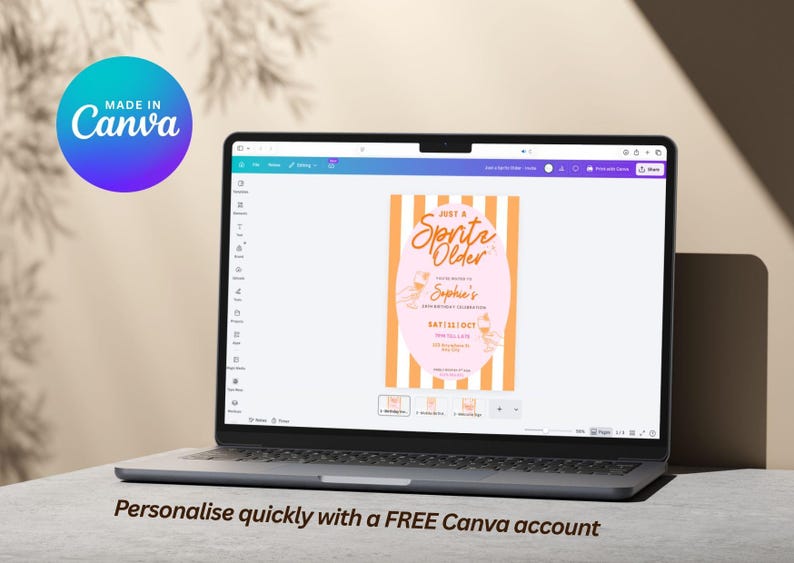 May include: A laptop screen shows a birthday invitation design with the text "Just a Sprite Older" in orange script. The invitation is on a pink oval with orange vertical stripes. The Canva logo is visible.