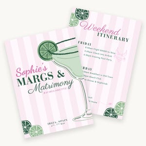 Puede incluir: Dos tarjetas de itinerario de despedida de soltera a rayas rosas. Una tarjeta presenta una ilustración de margarita y el texto "Sophie's MARGS & Matrimony". La otra tarjeta dice "Itinerario de fin de semana" con un horario.