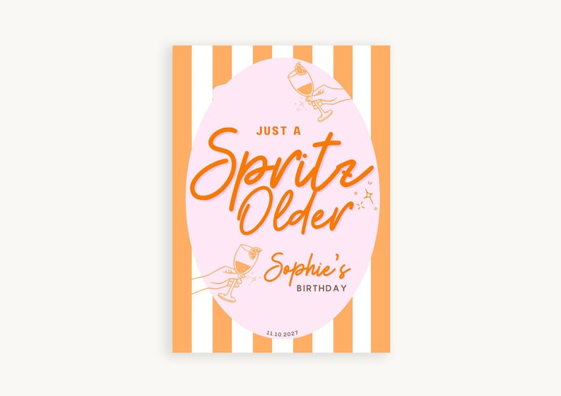 May include: A birthday poster with an orange and white striped background. The poster features a pink oval with the words "Just a Spritz Older" in orange script. Below, it reads "Sophie's Birthday" and the date.