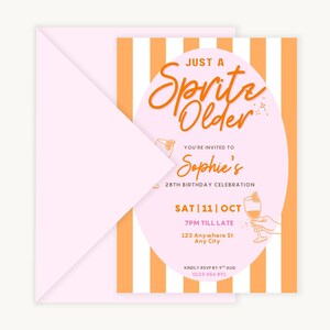 May include: A pink birthday invitation with orange and white stripes. The invitation reads "Just a Spritz Older" and includes details for Sophie's 28th birthday celebration, including the date, time, and location.