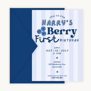 Personalised Blueberry Berry Sweet First Birthday Party Invitations (digital download)