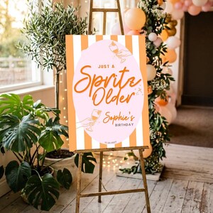May include: A party sign on a wooden easel with the text "Just a Spritz Older Sophie's Birthday" in orange script. The sign has a pink oval with a cocktail illustration and orange and white vertical stripes.