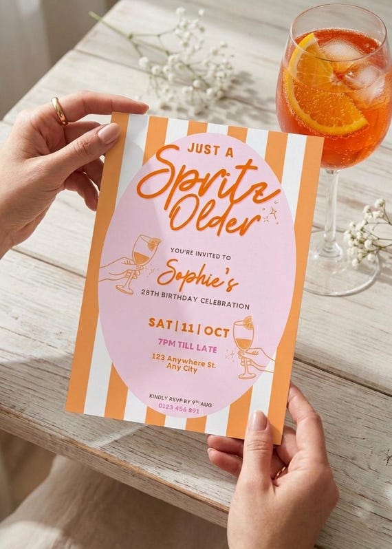 Aperol Spritz Birthday Invitation – Custom "Just a Spritz Older" Party Template (Digital Download)