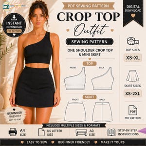 Puede incluir: Conjunto de top corto de un solo hombro y minifalda negros. La imagen es un patrón de costura PDF con el texto "CROP TOP Outfit" y "ONE SHOULDER CROP TOP & MINI SKIRT". Incluye tallas XS-XL para tops y XS-2XL para faldas. Para principiantes.