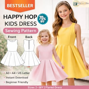 女の子用フィット＆フレアドレスの型紙（PDF）、キッズサイズ2～16（即時ダウンロード）