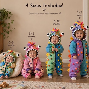 May include: Four crochet monster-themed jumpsuits with hoods, featuring colorful pom-poms, spikes, and large eyes. The text reads 4 Sizes Included, Grow with your little monster, 0-3 Months, 3-6 Months, 6-12 Months, and 1-2 Years, showcasing various color combinations.