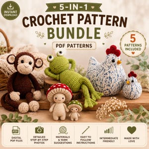 Puede incluir: Un paquete de 5 patrones de ganchillo en PDF que incluye un mono marrón, una rana verde, dos pollos moteados de distintos tamaños y dos figuras de setas. El texto dice 5-IN-1 CROCHET PATTERN BUNDLE, PDF PATTERNS y 5 PATTERNS INCLUDED.