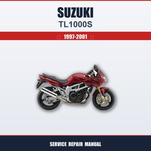 Puede incluir: Una motocicleta Suzuki TL1000S roja con detalles plateados, sobre un fondo blanco. El texto "SUZUKI TL1000S 1997-2001" se muestra encima de la motocicleta. Las palabras "SERVICE REPAIR MANUAL" están en la parte inferior.