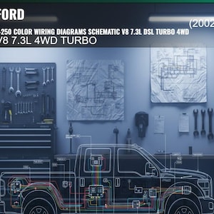 May include: A schematic diagram of a Ford F-250 truck's wiring system, with the text "FORD" and "F-250 COLOR WIRING DIAGRAMS SCHEMATIC V8 7.3L DSL TURBO 4WD V8 7.3L 4WD TURBO (2002)". The image also shows tools and diagrams.