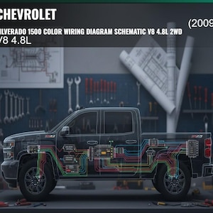 Może przedstawiać: Schematyczny diagram czarnej ciężarówki Chevrolet Silverado 1500, z nakładką szczegółowego, kolorowego schematu okablowania. U góry widnieje tekst "CHEVROLET SILVERADO 1500 COLOR WIRING DIAGRAM SCHEMATIC V8 4.8L 2WD V8 4.8L (2009)".