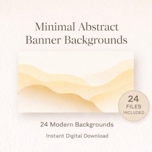 Puede incluir: Descarga digital de fondos de banner abstractos minimalistas. La imagen presenta un diseño rectangular con formas abstractas en capas en tonos beige y bronceado. El texto incluye "Minimal Abstract Banner Backgrounds" y "24 Modern Backgrounds". Un gráfico circular indica "24 Files Included".