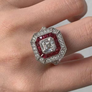 Ruby Halo Asscher Cut CZ Engagement Ring, Vintage Art Deco Statement Bridal Ring