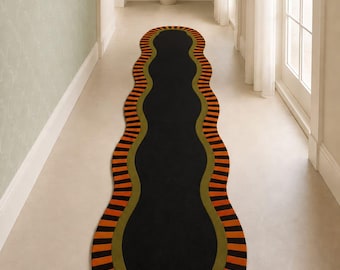 Luxury Wavy Runner Rug, Handmade Hand Tufted Wool Hallway Rug, Modern Abstract Designer Carpet, Black Olive Rust Statement Runner