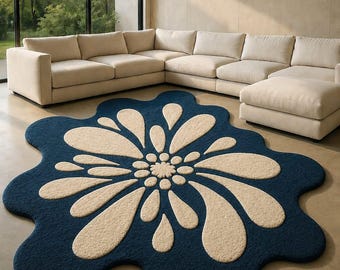 Luxury Handmade Floral Wool Rug Blue Flower Statement Rug Contemporary Designer Area Rug | Custom Hand Tufted Rug | Modern Luxury Home Decor