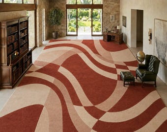 Luxury Terracotta Abstract Hand Tufted Wool Rug | Modern Wave Designer Area Rug | Contemporary Neutral Minimalist Carpet by UdayCarpet