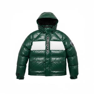 May include: A green puffer jacket with a hood and white stripe across the chest. The jacket has two front pockets and the word "Avirex" in white down the front. A small patch is on the upper right sleeve.