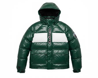 Men’s Hooded Leather Puffer Jacket Avirex Style – Shiny Quilted Winter Coat