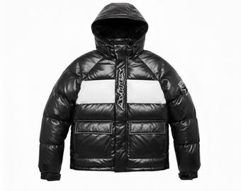Black Leather Bubble Jacket Avirex Style – Men’s Hooded Quilted Winter Puffer