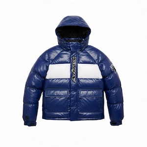 May include: A shiny, blue puffer jacket with a hood and two front pockets. The jacket features a white stripe across the chest and the brand name "Avirex" in white lettering. A small patch is visible on the right sleeve.