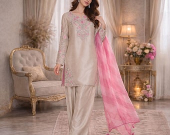 Sheesha Silk Farshi Shalwar Suit | Pakistani Indian Designer 3PC Shalwar Kameez | Embroidered Wedding Guest & Eid Outfit