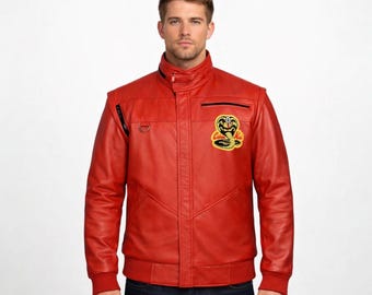 Handmade Inspired Red Cobra Kai Leather Jacket – Karate Kid Bomber Style Costume Coat