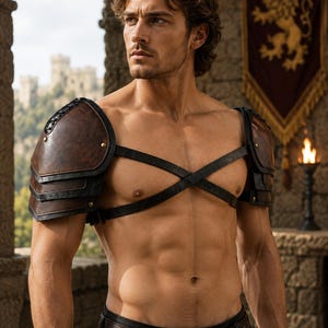 May include: A set of brown leather pauldrons featuring layered plates, black leather straps, and metallic rivets. The shoulder armor is connected by thin black leather straps that cross over the chest, paired with a dark brown leather belt at the waist.