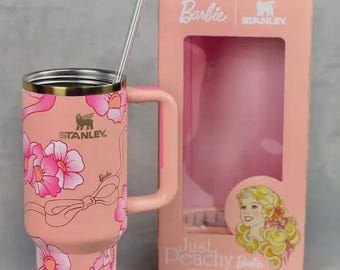 Barbie x Stanley Just Peachy 40oz Tumbler, Pink Floral Travel Mug with Handle