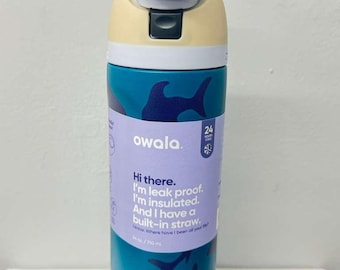 Owala 24oz Insulated Water Bottle, Shark Pattern, Teal Blue Stainless Steel, Leak-Proof FreeSip Flask