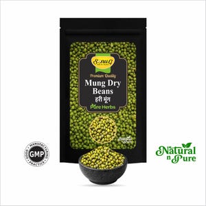 May include: A black package of mung dry beans with a clear window displaying the green beans. The package has text that reads "Premium Quality Mung Dry Beans" and "Pure Herbs". A small bowl of mung beans sits below the package.