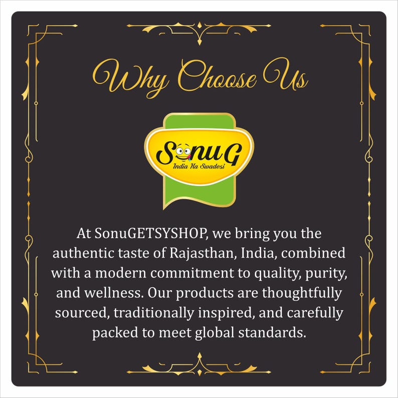 May include: A dark background with gold decorative borders and text that reads "Why Choose Us". The image features a logo with the text "SNUG India Ka Swadesi". Below the logo is text describing the brand's commitment to quality and sourcing.
