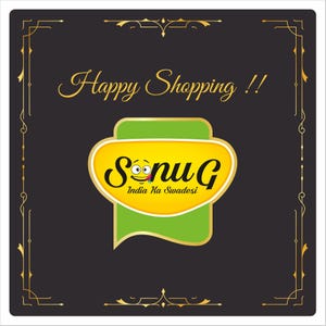 May include: A square graphic with a black background and gold decorative borders. The text "Happy Shopping !!" is in gold script. A yellow and green logo with the text "Sonu G" and "India Ka Swadesi" is in the center.