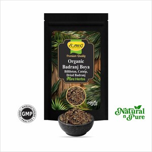 May include: A black package of Organic Badranj Boya, a blend of Billilotan, Catnip, and Dried Badranj. The package features a label with text and a small bowl filled with the herbs. The brand name is "Snug".