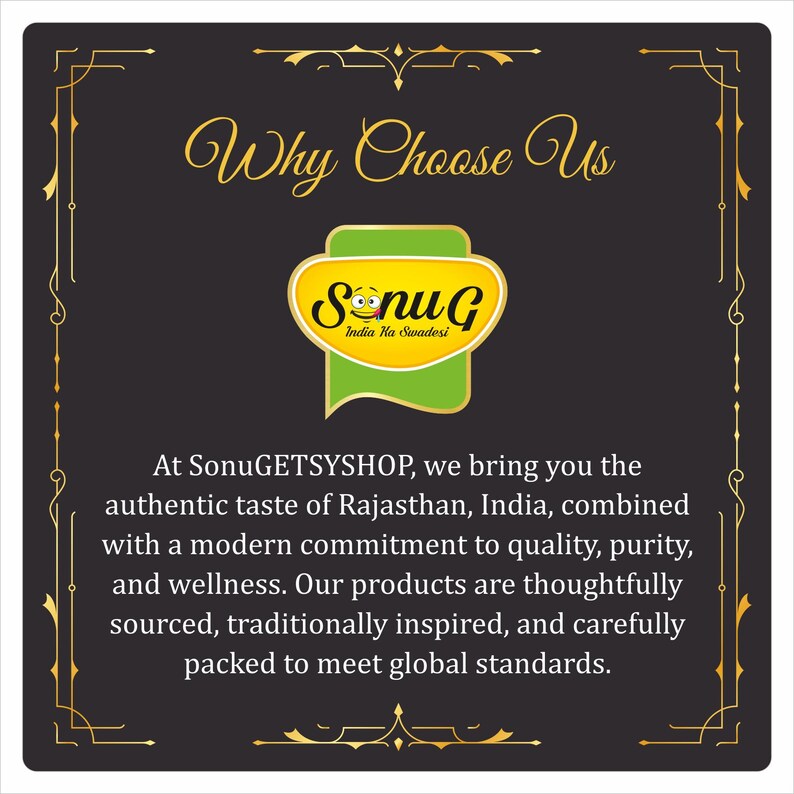 May include: A dark background with gold decorative borders and text that reads "Why Choose Us". The image features a logo with the text "SNUG India Ka Swadesi". Below the logo is text describing the brand's commitment to quality.
